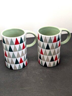 Starbucks Ceramic Mugs Set Of 2 With Green Interior & Geometric Triangle Pattern